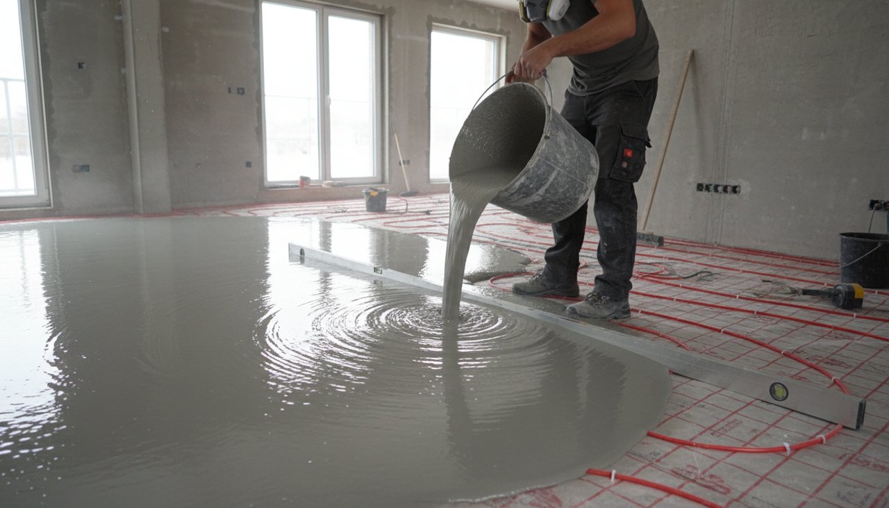 Coulage d'une chape fluide auto-nivelante sur un plancher chauffant à eau en rénovation