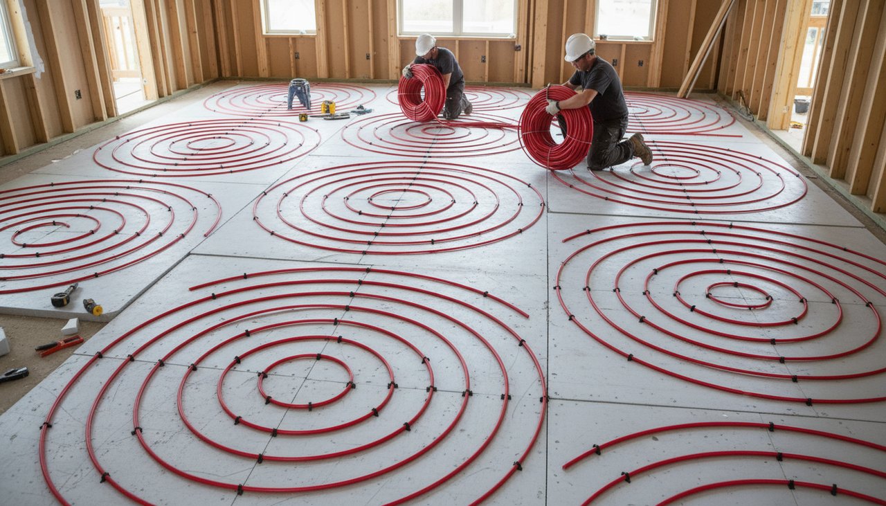 Installation d'un plancher chauffant hydraulique sur isolant dans une maison en construction