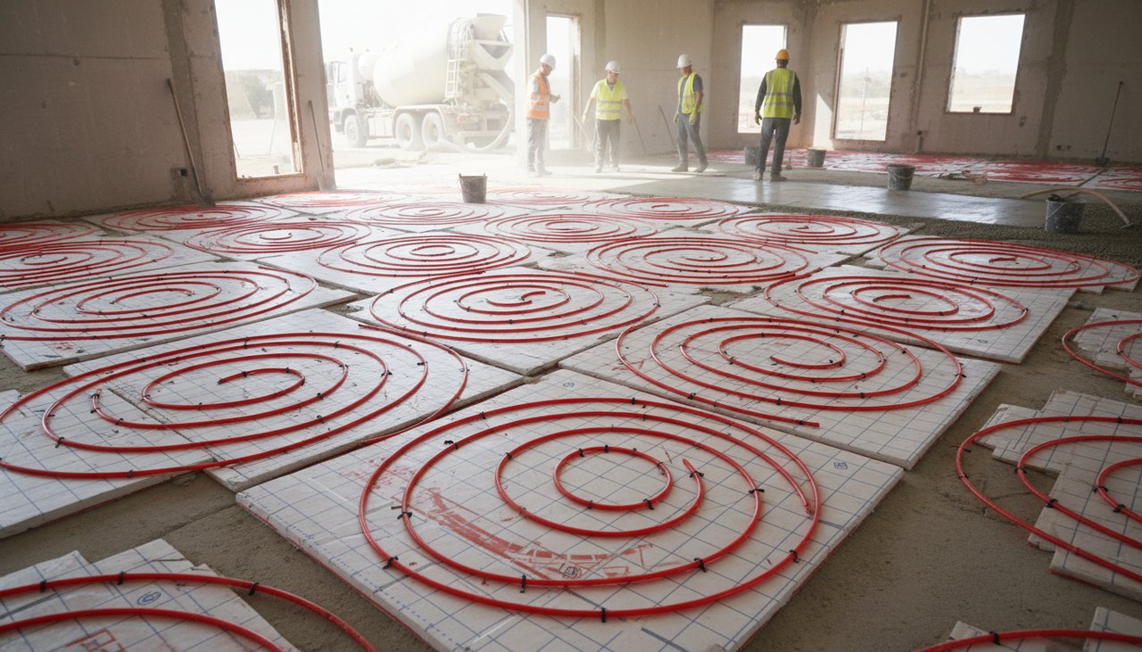 Installation d'un plancher chauffant à eau avec réseau de tubes PER sur isolant avant coulage de la chape