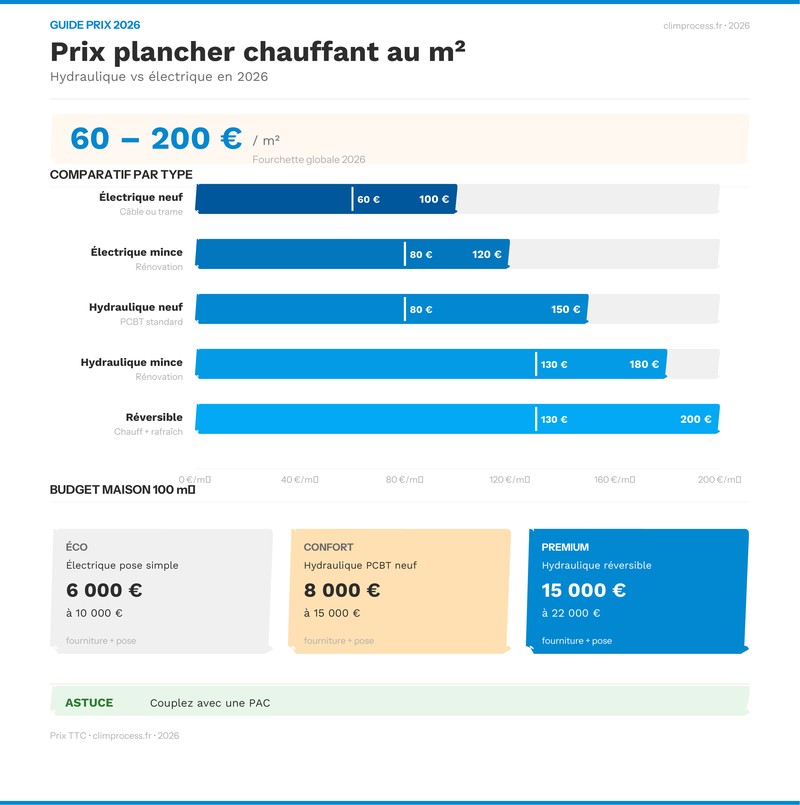 Infographie comparant les prix plancher chauffant hydraulique et électrique en 2026