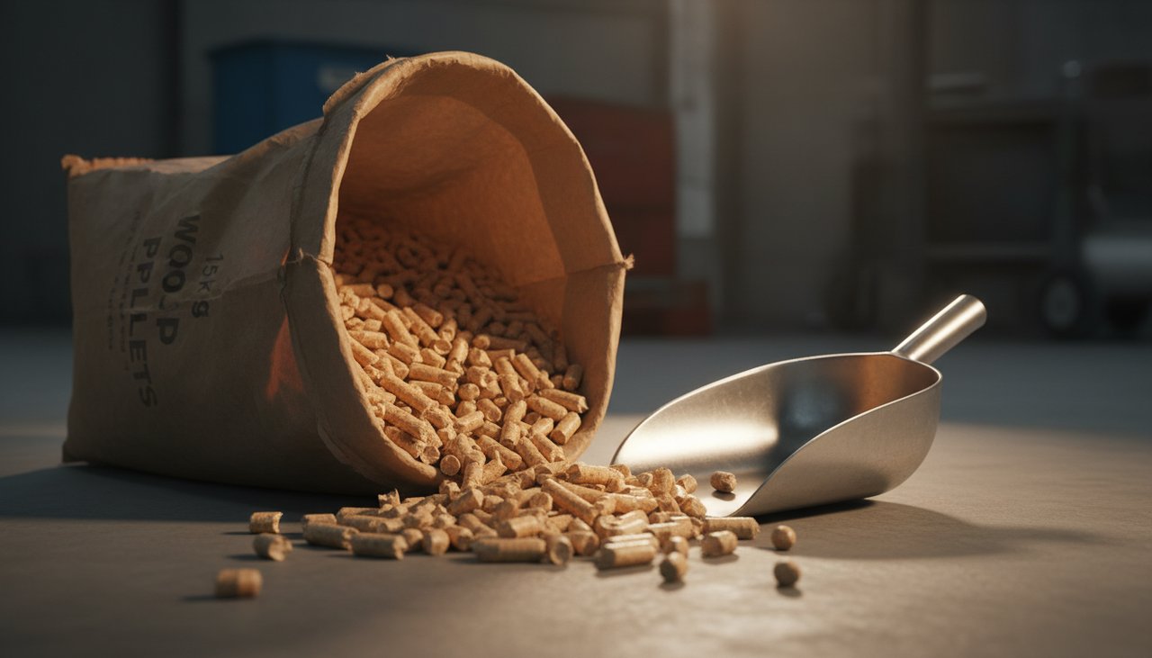 Gros plan sur des granulés de bois en vrac avec un sac de pellets ouvert à côté d'un seau de chargement