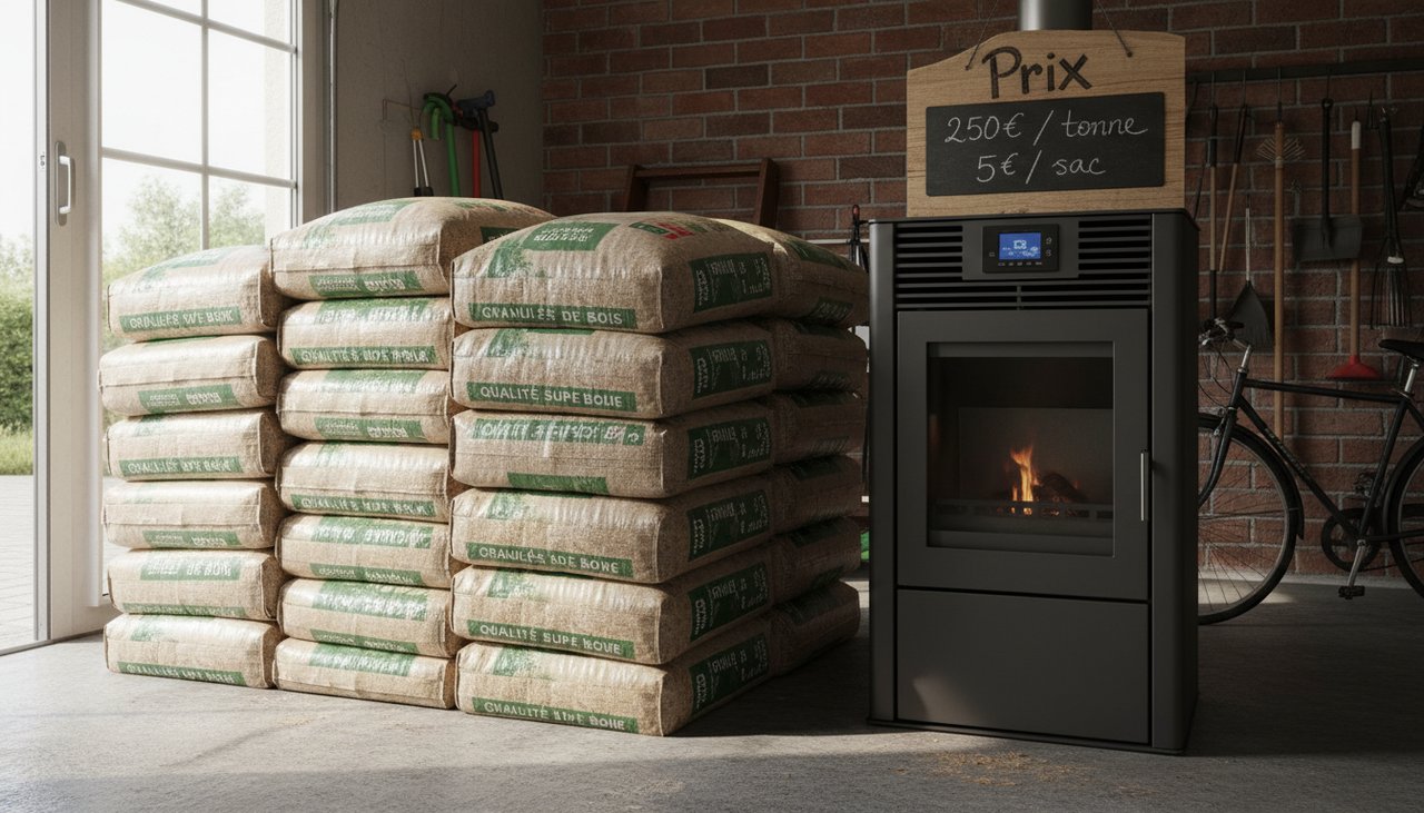 Sacs de pellets empilés dans un garage à côté d'un poêle à granulés et d'un panneau d'affichage du prix