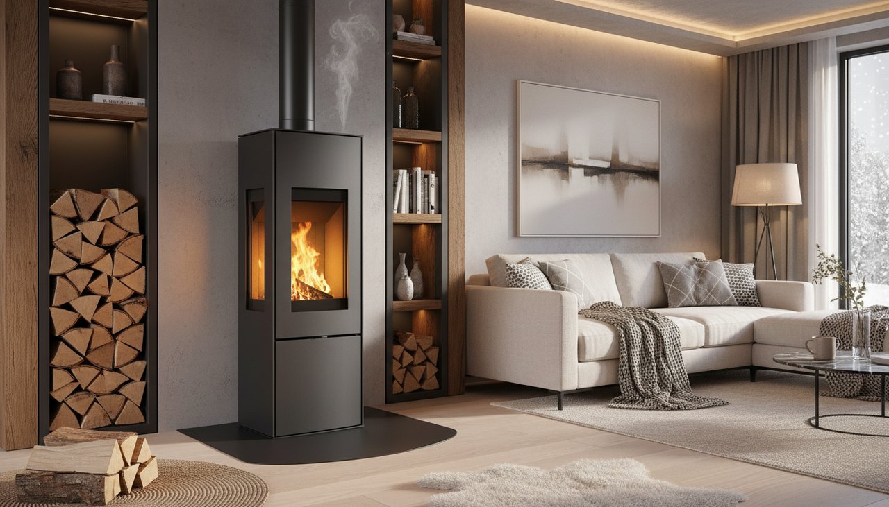 Poêle à granulés moderne en acier noir installé dans un salon contemporain avec flammes visibles et bois de chauffage