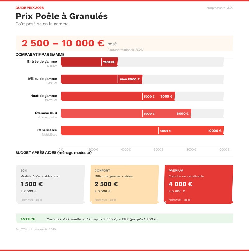 Infographie comparant les prix d'un poêle à granulés au m² selon la gamme en 2026