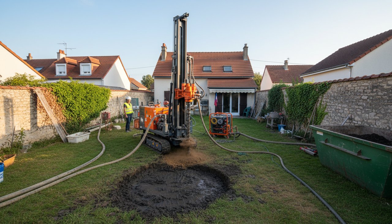 Forage géothermique par une entreprise spécialisée avec foreuse sur chenilles