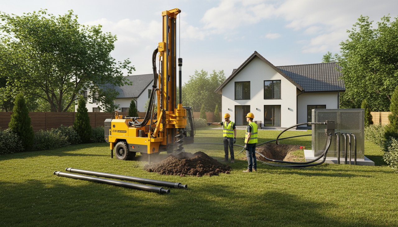 Installation d'une pompe à chaleur géothermique avec sonde verticale dans un jardin résidentiel