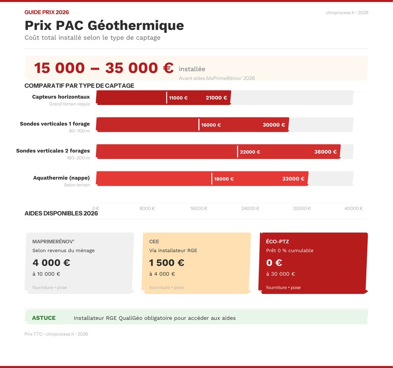 Infographie prix PAC géothermique par type de captage et aides 2026