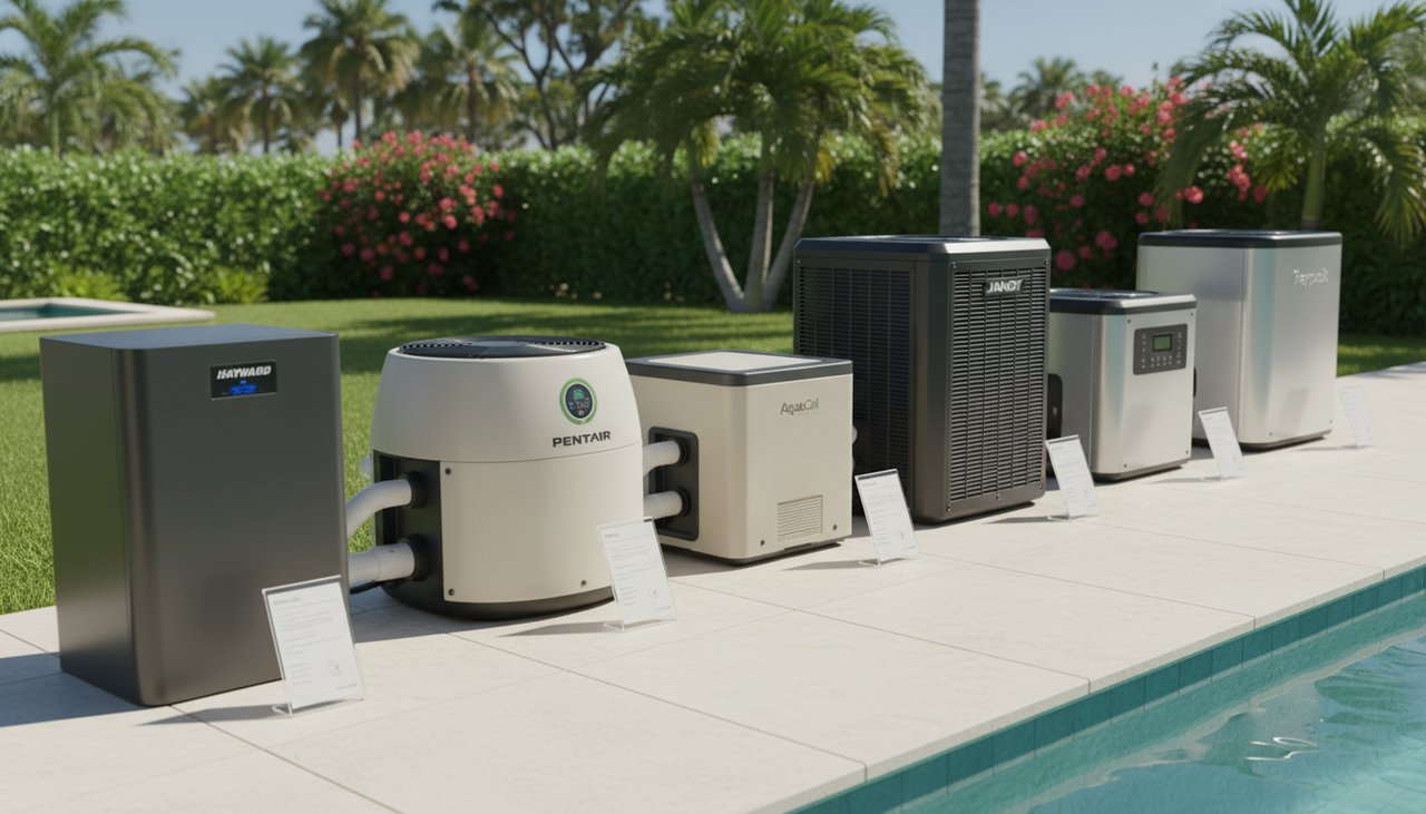 Comparatif de PAC piscine de différentes marques sur une terrasse carrelée