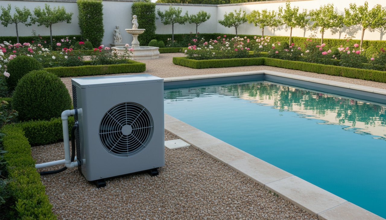 Pompe à chaleur pour piscine installée à côté d'une piscine enterrée dans un jardin