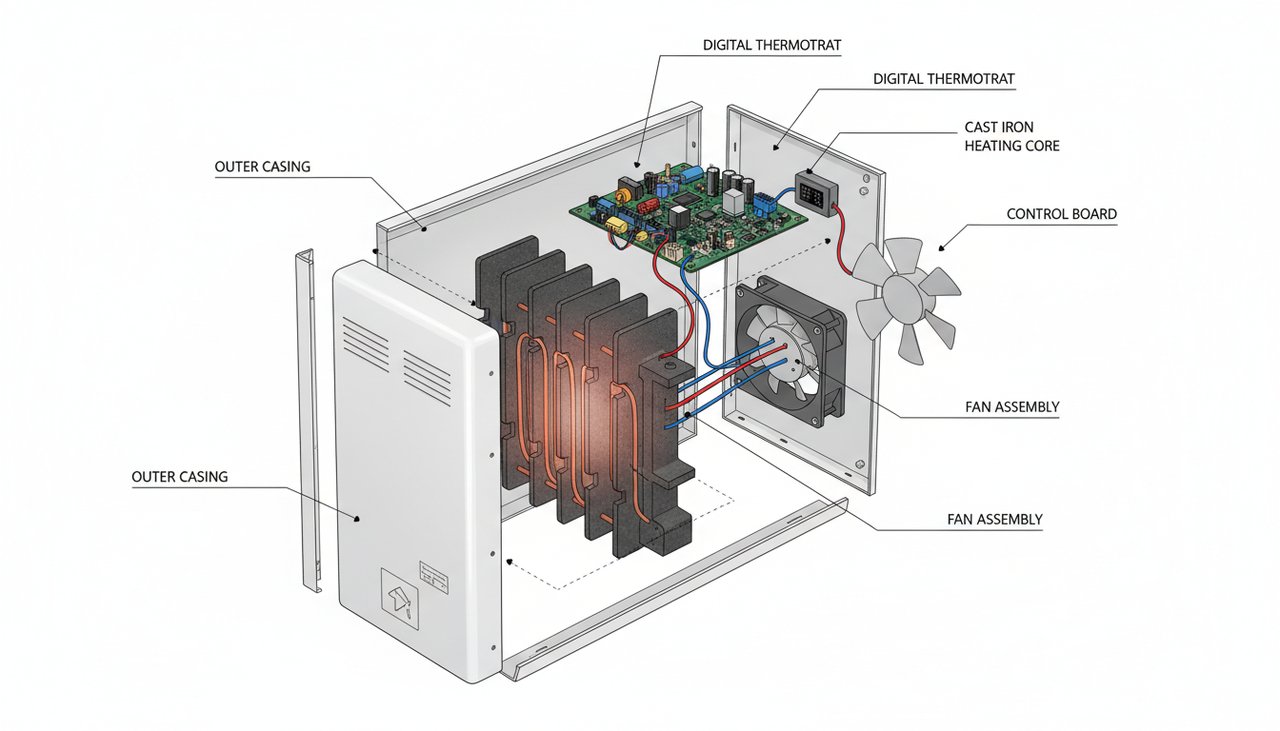 Panneau arrière d'un radiateur à inertie sèche avec cœur en fonte visible