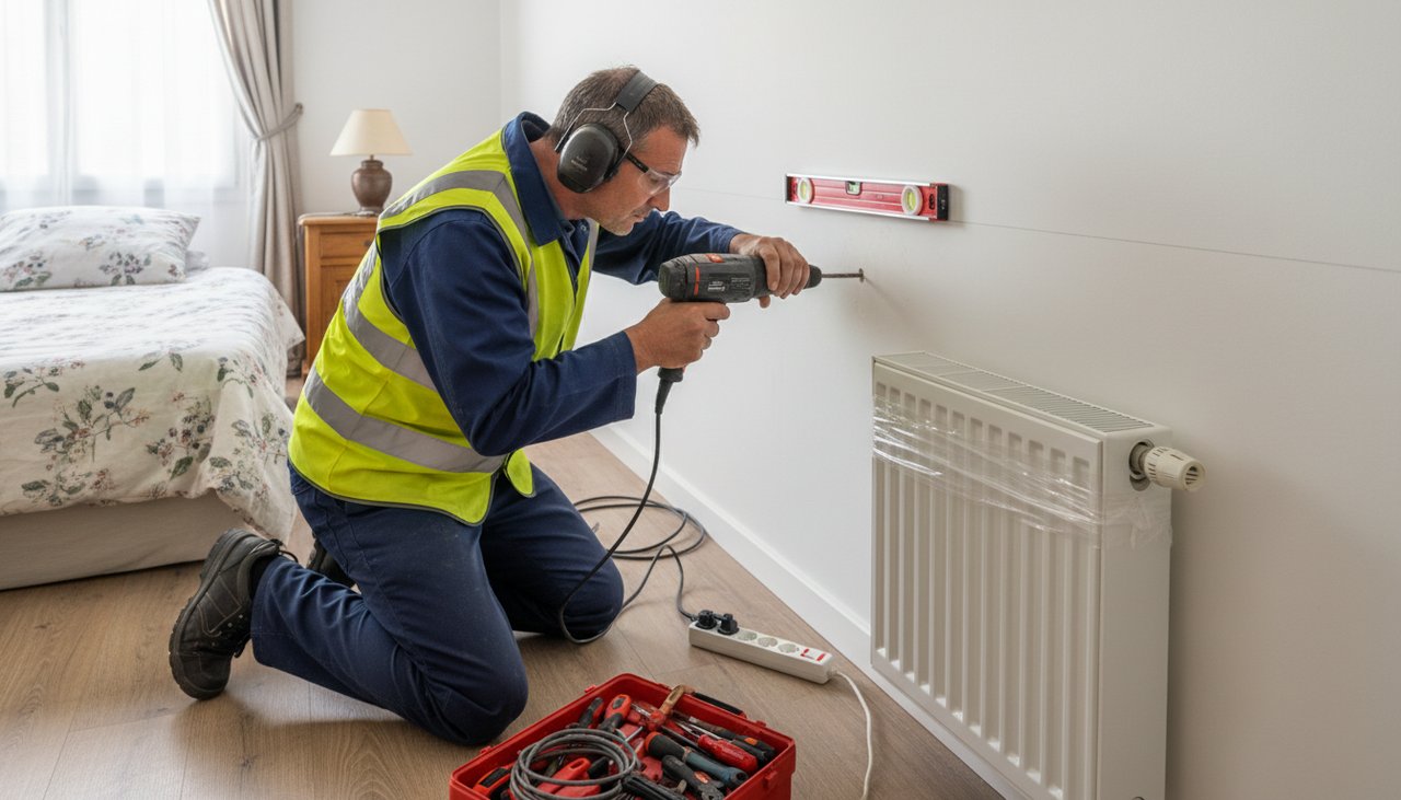 Artisan installant un radiateur à inertie sur un mur blanc dans une chambre