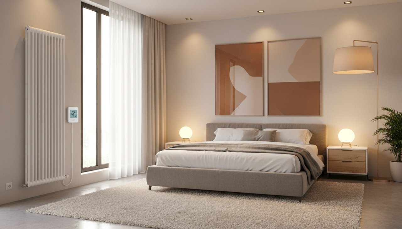 Radiateur à inertie fluide installé dans une chambre avec thermostat connecté mural