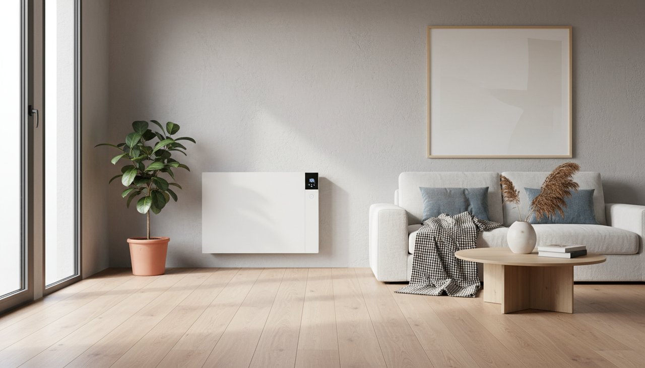 Radiateur électrique à inertie moderne blanc installé dans un salon contemporain