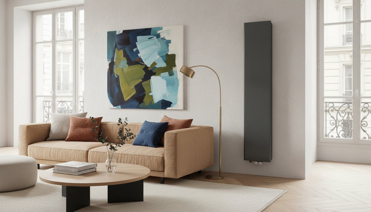 Radiateur électrique à inertie moderne installé dans un salon contemporain français