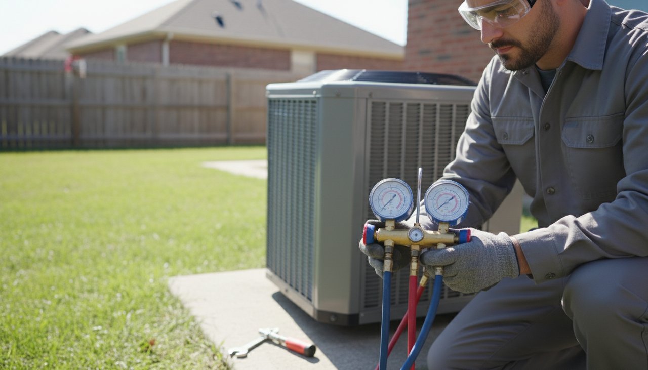 Technicien avec manomètre mesurant les pressions d'une climatisation split système