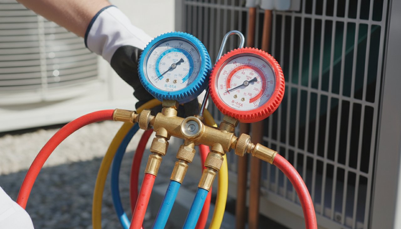 Manomètre de contrôle pression fluide frigorigène branché sur unité extérieure de climatisation