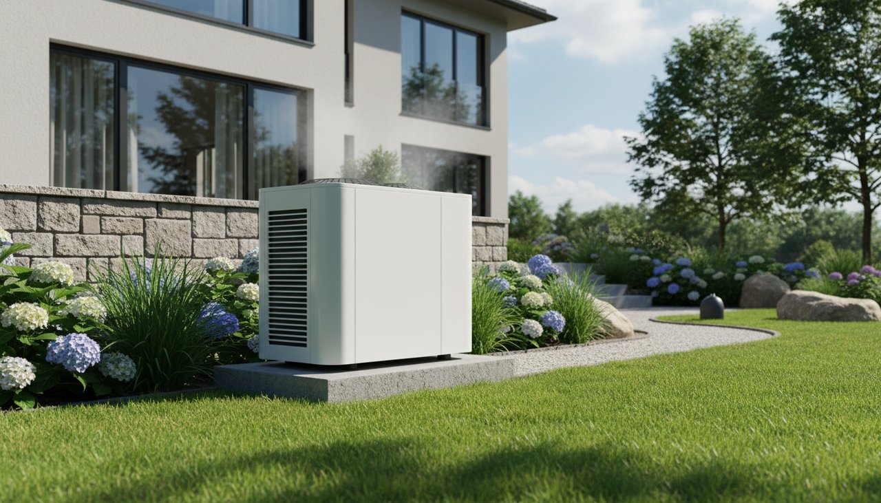 Unité extérieure de climatisation murale en jardin de maison individuelle