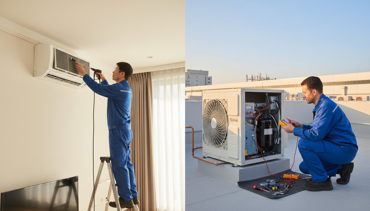 Unité extérieure de climatisation split avec tuyaux de cuivre visibles, vérification des raccords