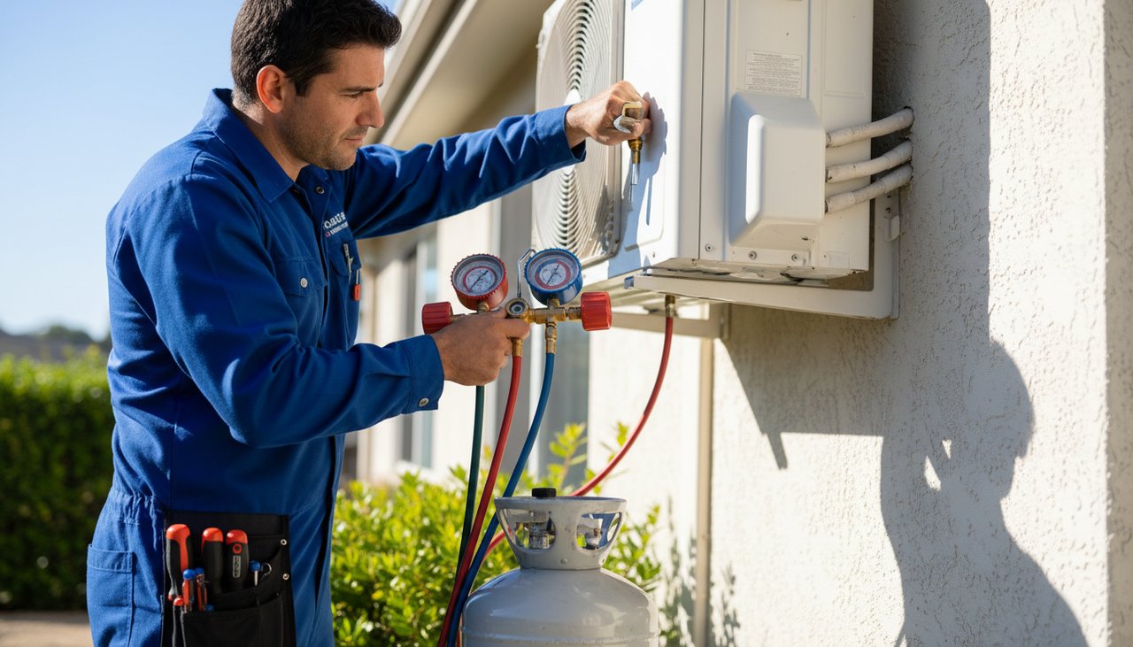 Technicien HVAC rechargeant le fluide frigorigène d'une climatisation murale maison