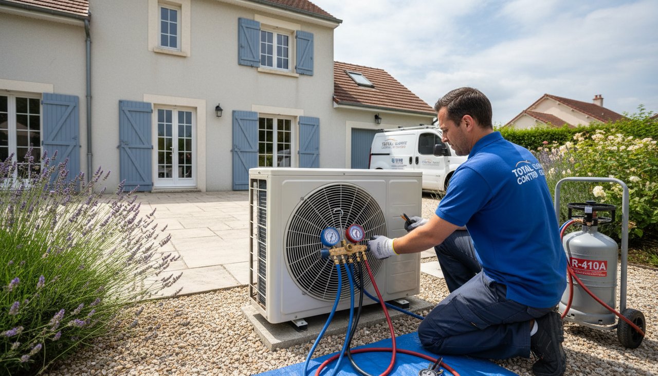 Technicien HVAC en train de recharger une climatisation split extérieure avec des manomètres, vue proche