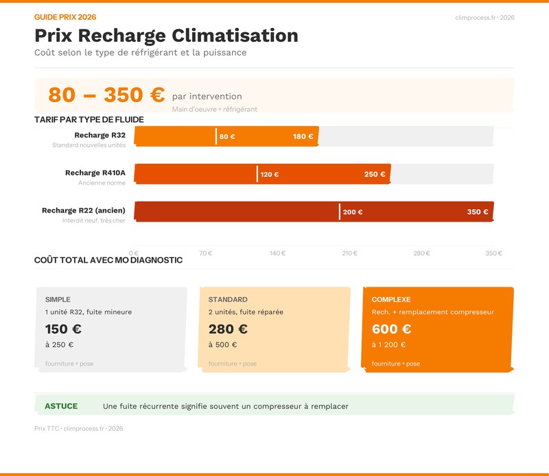 Infographie prix recharge climatisation selon le type de réfrigérant, comparatif 2026