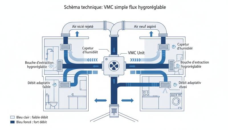 Schéma technique VMC simple flux hygroréglable avec débits adaptatifs