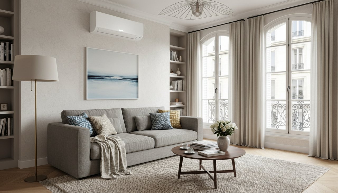 Salon de 30m2 climatisé avec unité intérieure split moderne murale au-dessus du canapé