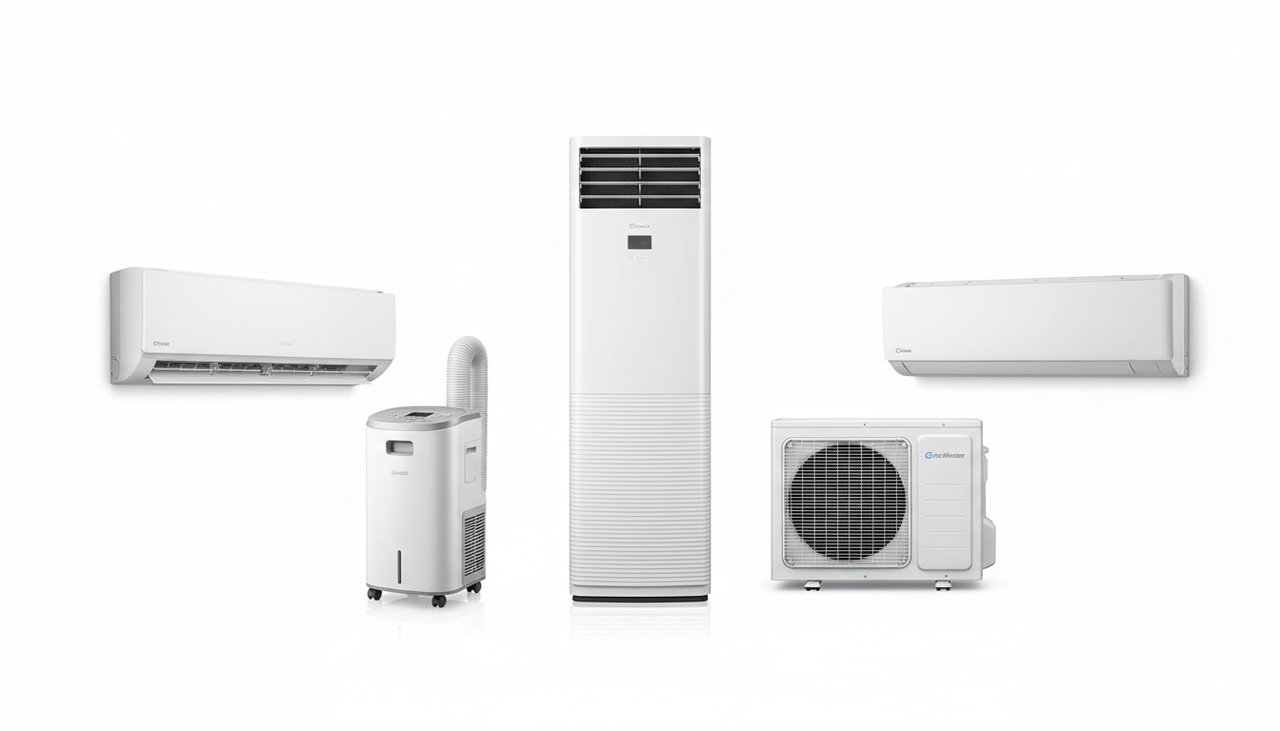 Différents types de climatiseurs : split mural, mobile, et console au sol pour pièces de taille moyenne