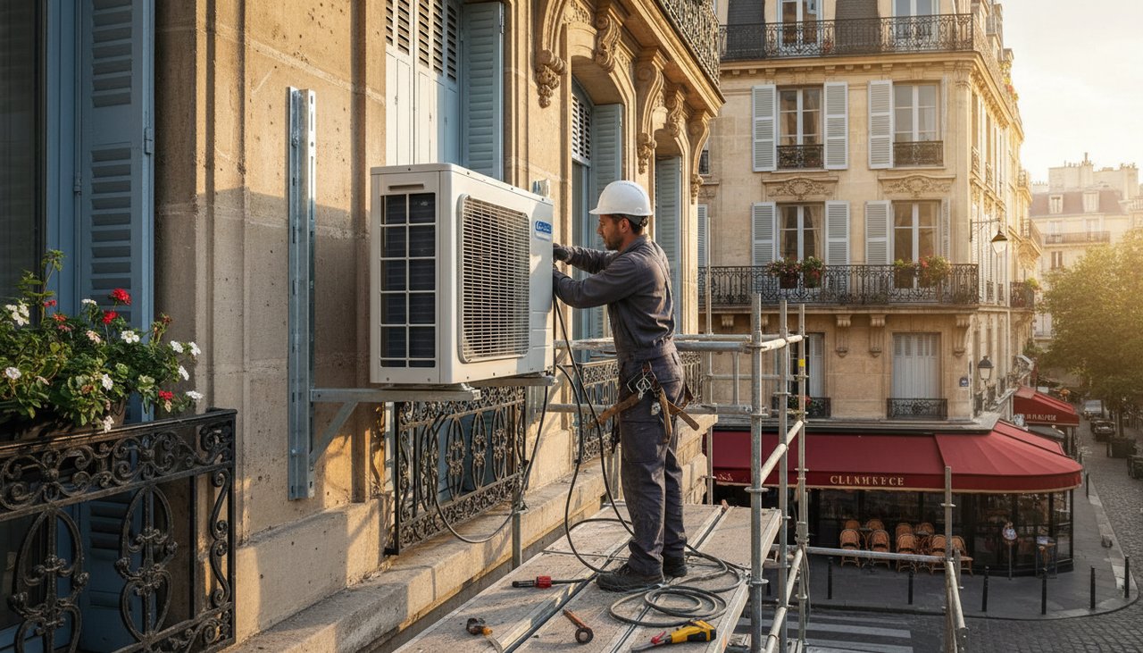 Frigoriste professionnel installant une unité extérieure de climatisation sur la façade d'une maison