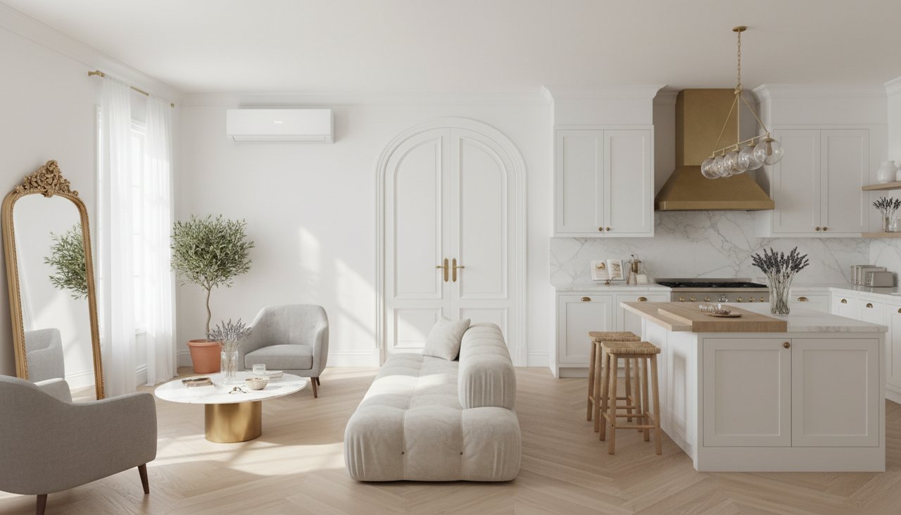 Salon ouvert sur cuisine de 50m2 avec unité split mural moderne installée au-dessus d'une porte