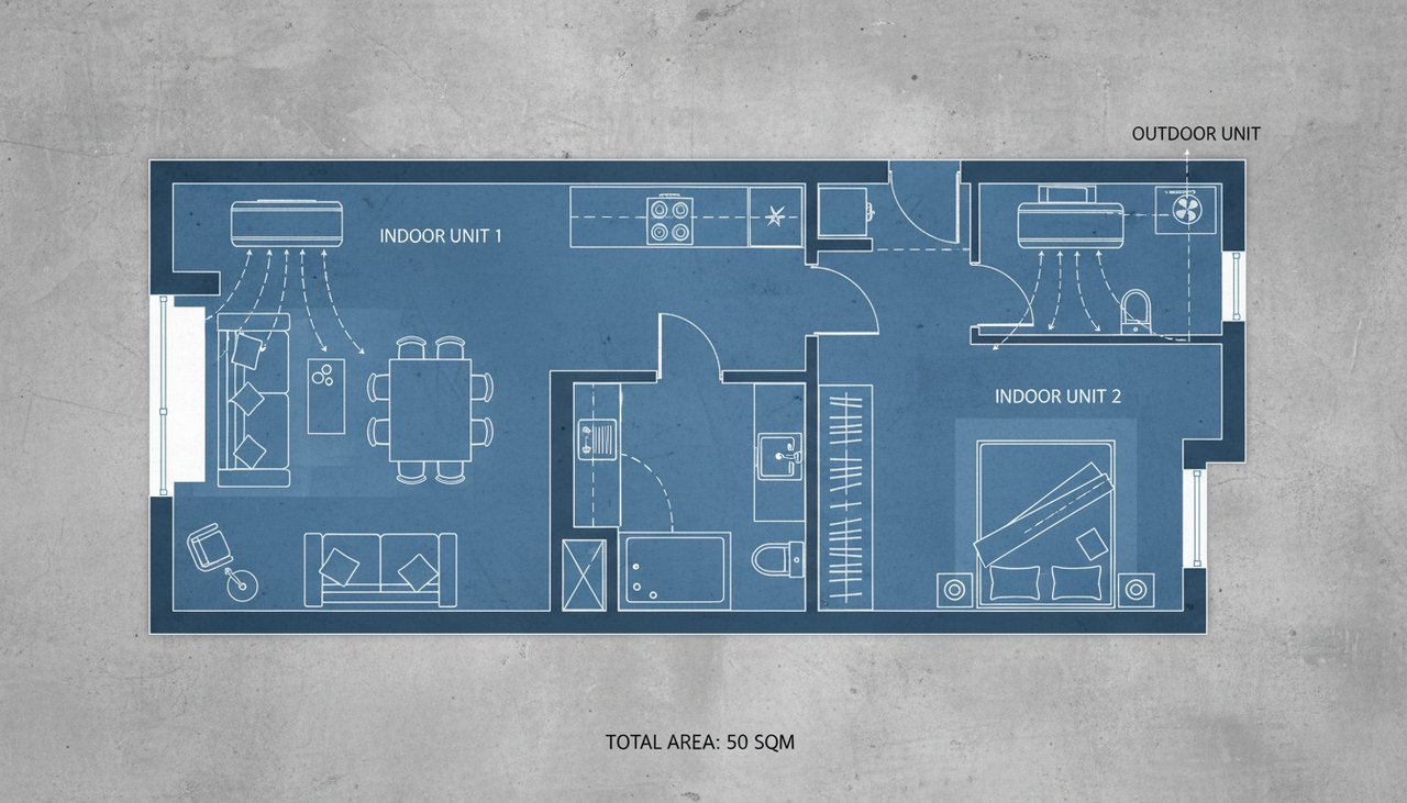 Plan d'architecture montrant le placement optimal des unités intérieures de climatisation dans un appartement de 50m2