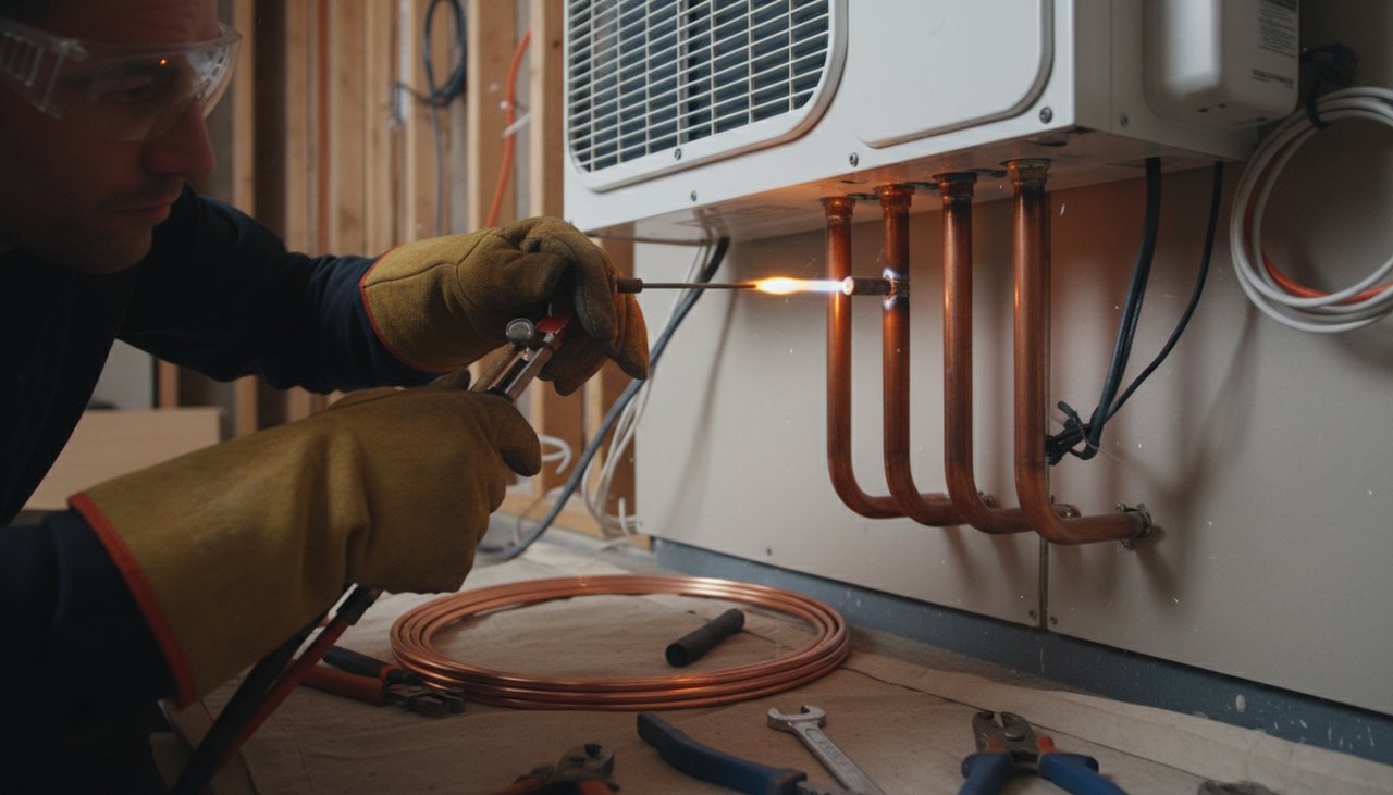 Frigoriste en train de braser les liaisons frigorifiques en cuivre lors de l'installation d'un multi-split