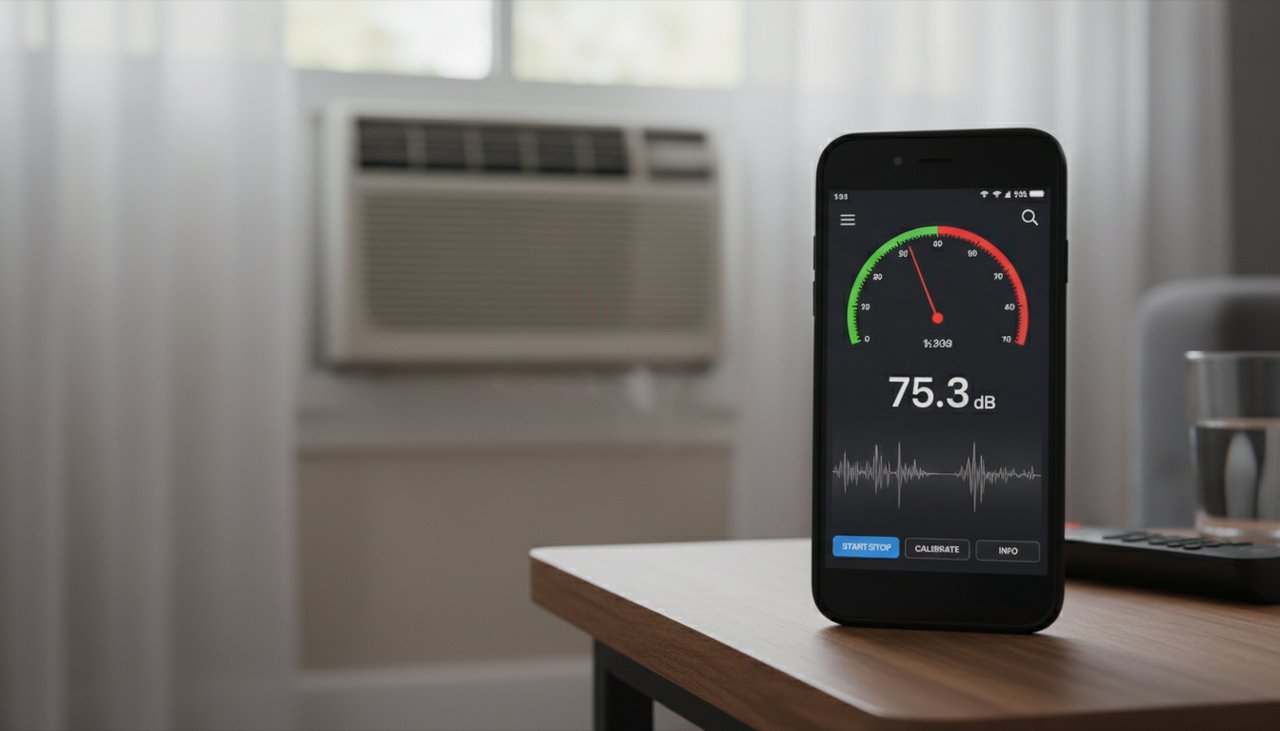 Application sonomètre sur smartphone mesurant le niveau sonore d'un climatiseur en marche dans une pièce