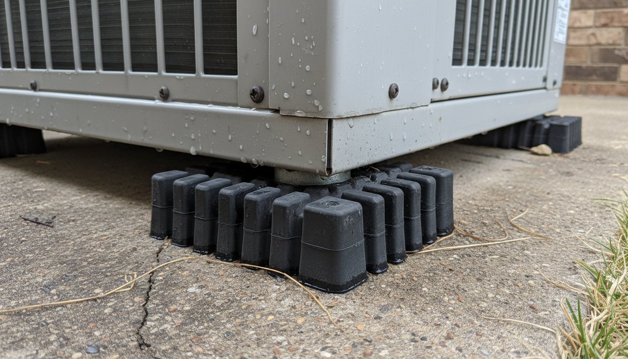 Plots anti-vibration en caoutchouc placés sous les pieds d'un groupe extérieur de climatisation au sol
