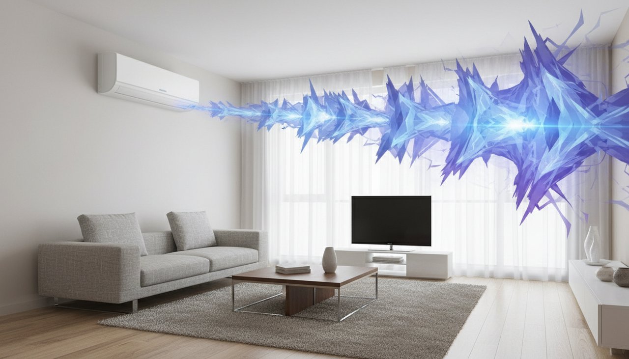 Climatiseur split mural blanc dans un salon avec ondes sonores stylisées indiquant un bruit anormal