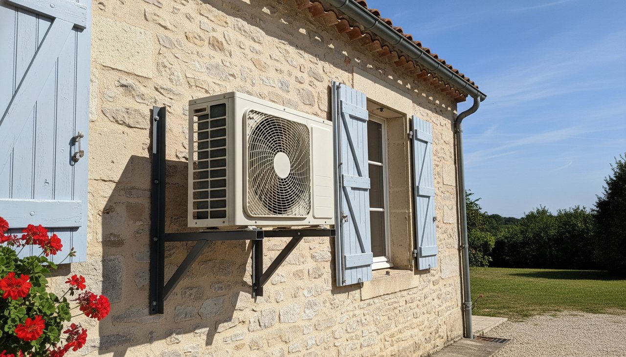 Unité extérieure de climatisation fixée sur la façade d'une maison française