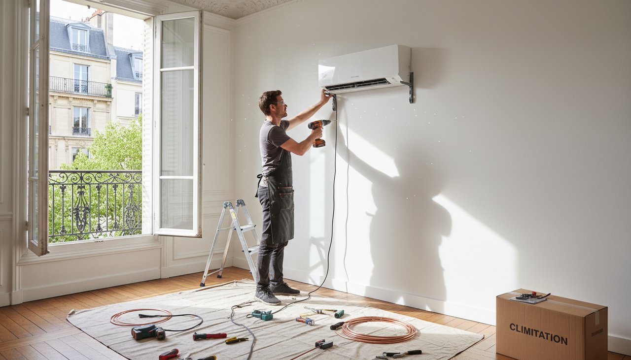 Particulier installant une unité intérieure de climatisation split sur un mur blanc