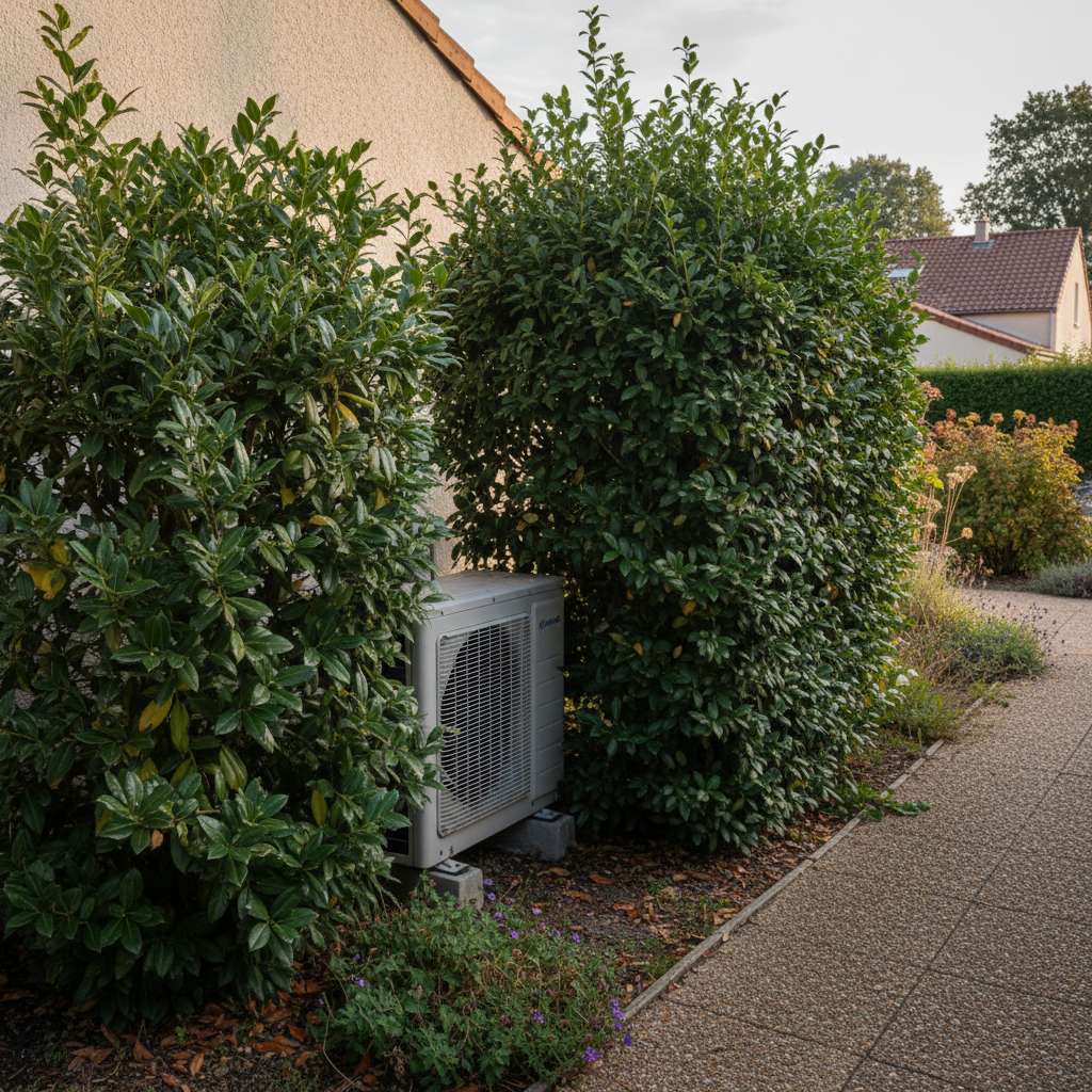 Pompe a chaleur dissimulee derriere une haie de laurier dans un jardin residentiel