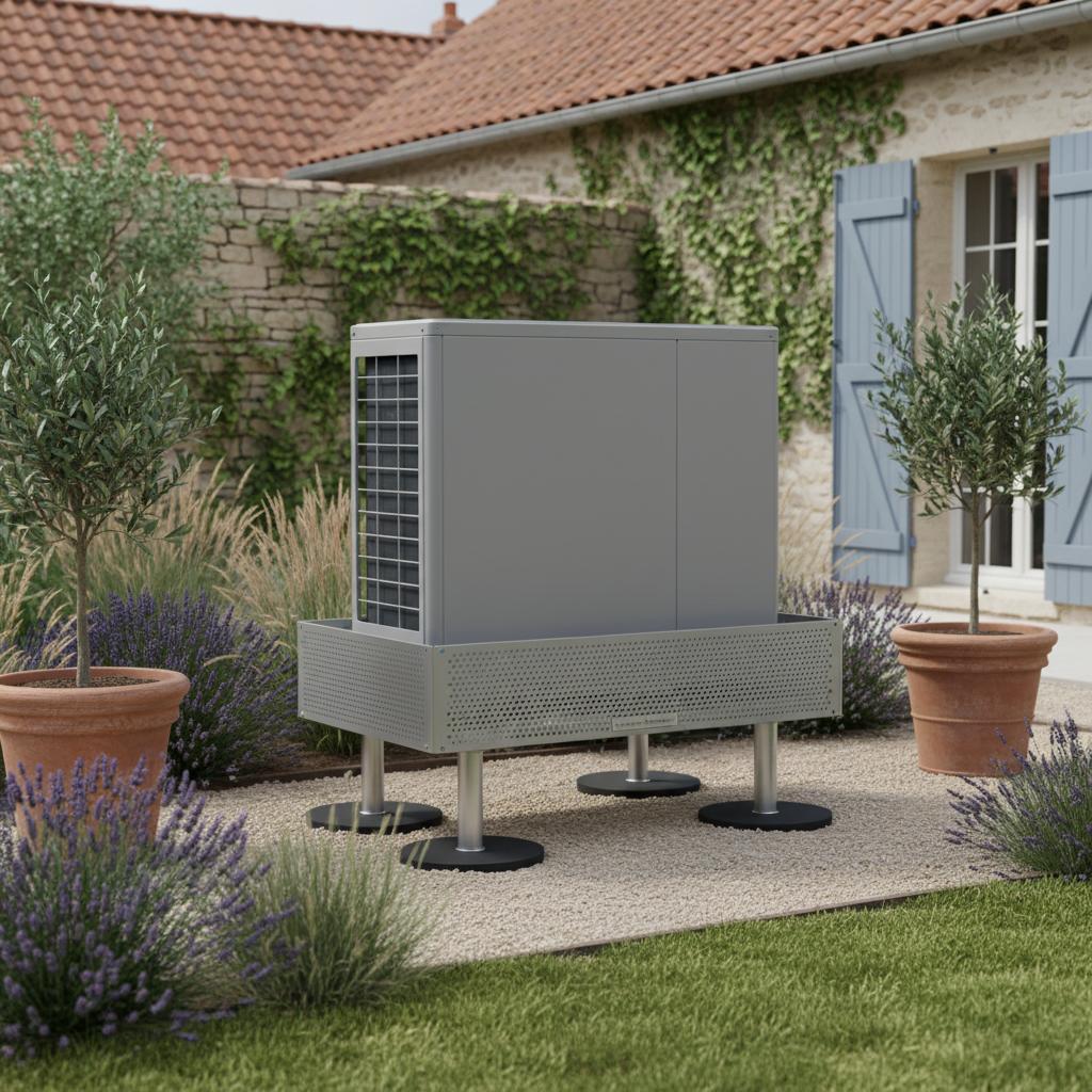 Pompe a chaleur installee sur plots anti-vibration avec caisson acoustique