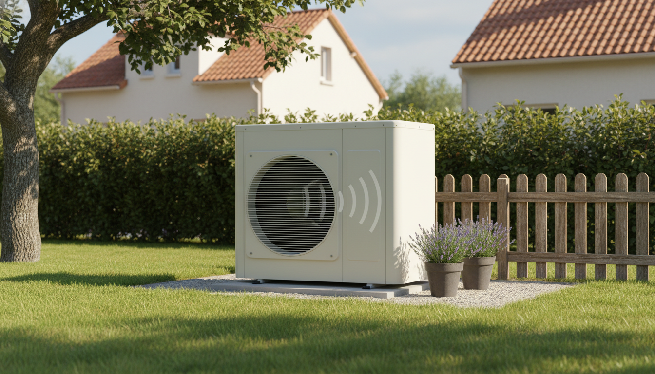 unite exterieure pompe a chaleur air eau installee dans un jardin pavillonnaire