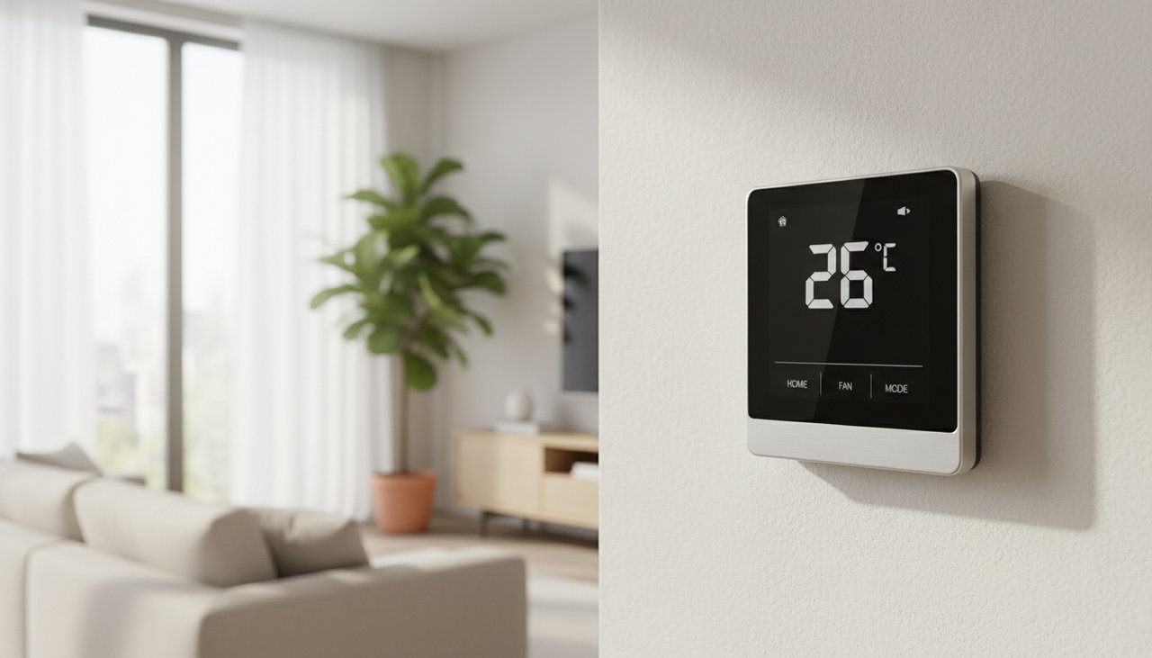 Thermostat de climatisation réglé à 26 degrés sur le mur d'un salon moderne