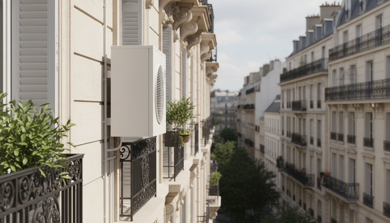 Unite exterieure de pompe a chaleur air eau installee sur la facade d un immeuble en copropriete