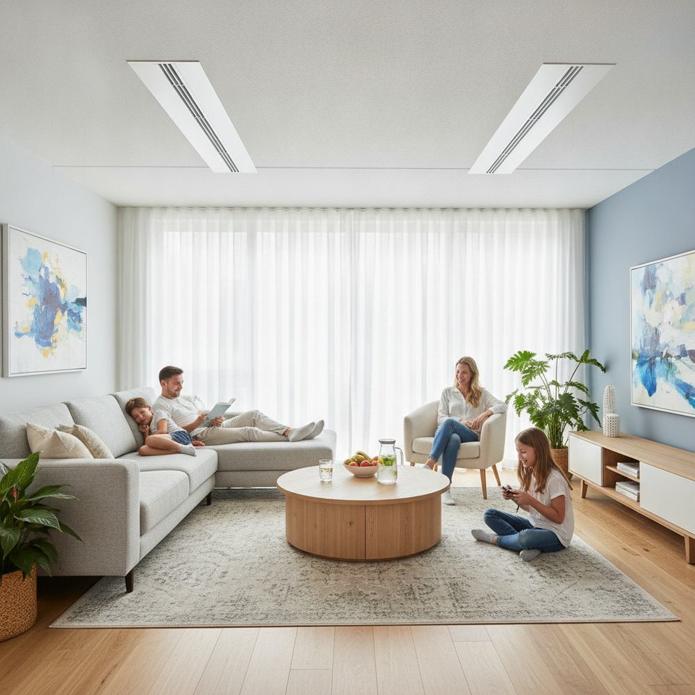 Famille au frais grace a une climatisation gainable dans une maison de 100 m2