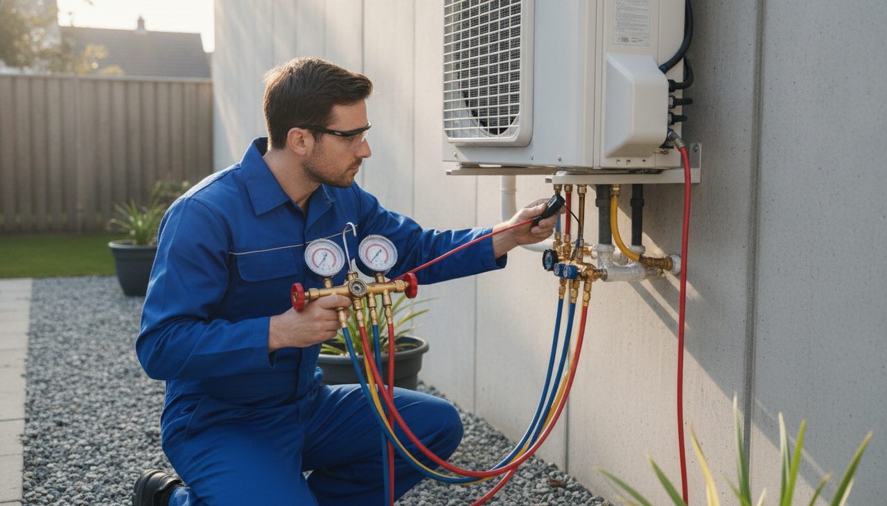 Contrôle de l'étanchéité du circuit frigorifique d'une pompe à chaleur par un technicien
