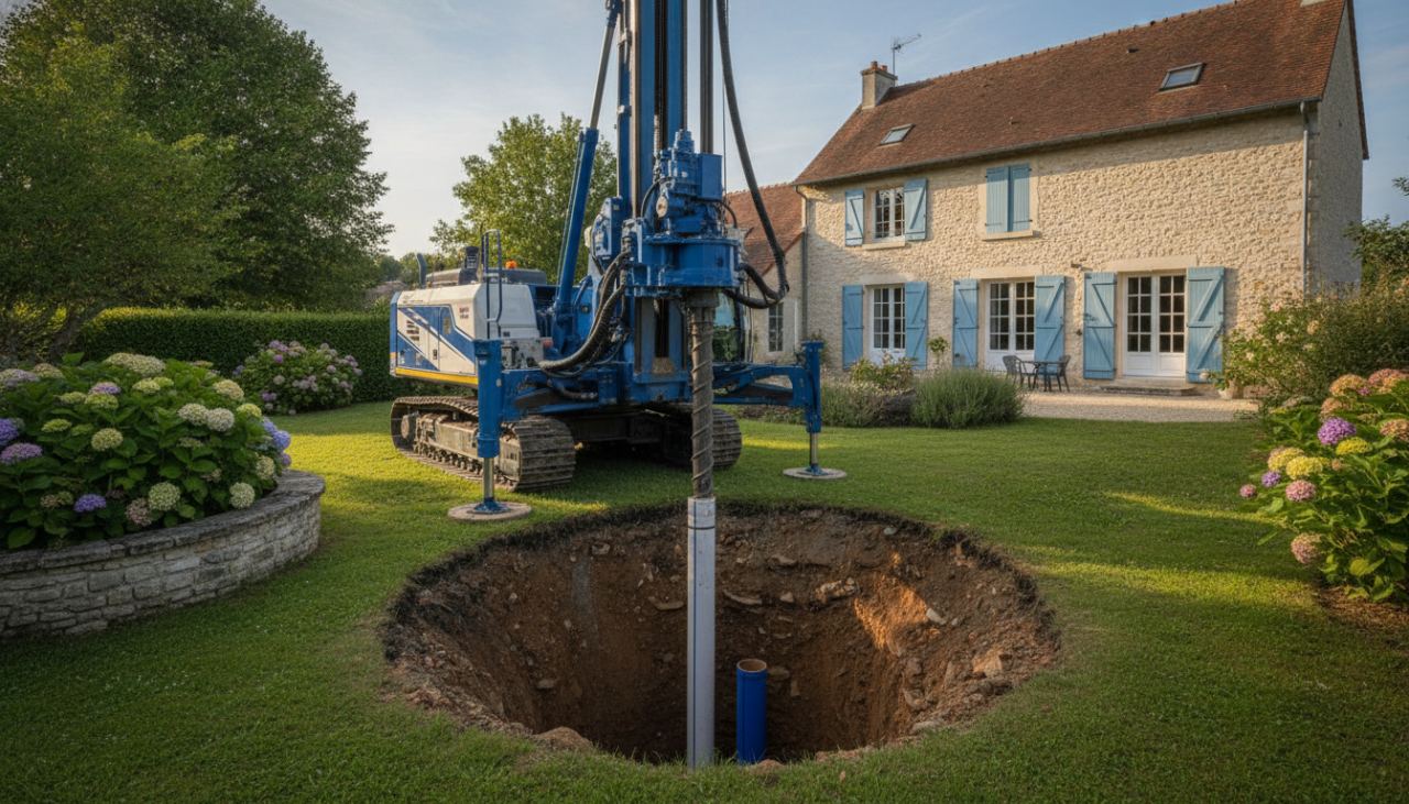 camion foreuse géothermique en train de réaliser un forage de sonde verticale géothermique dans jardin de maison individuelle française, profondeur visible