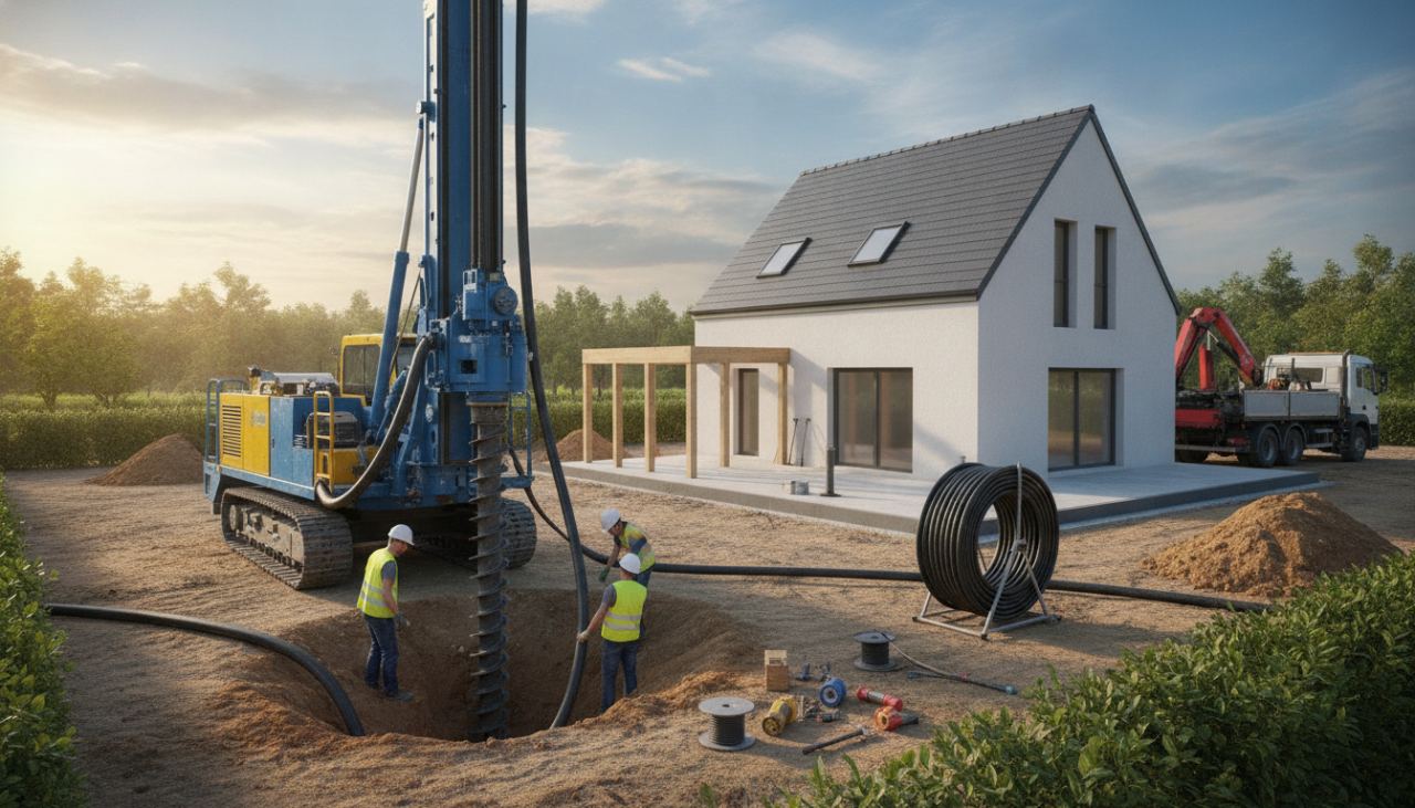 installation d'une pompe à chaleur géothermique eau-eau dans une chaufferie de maison individuelle française avec tuyauteries et tableau électrique visible