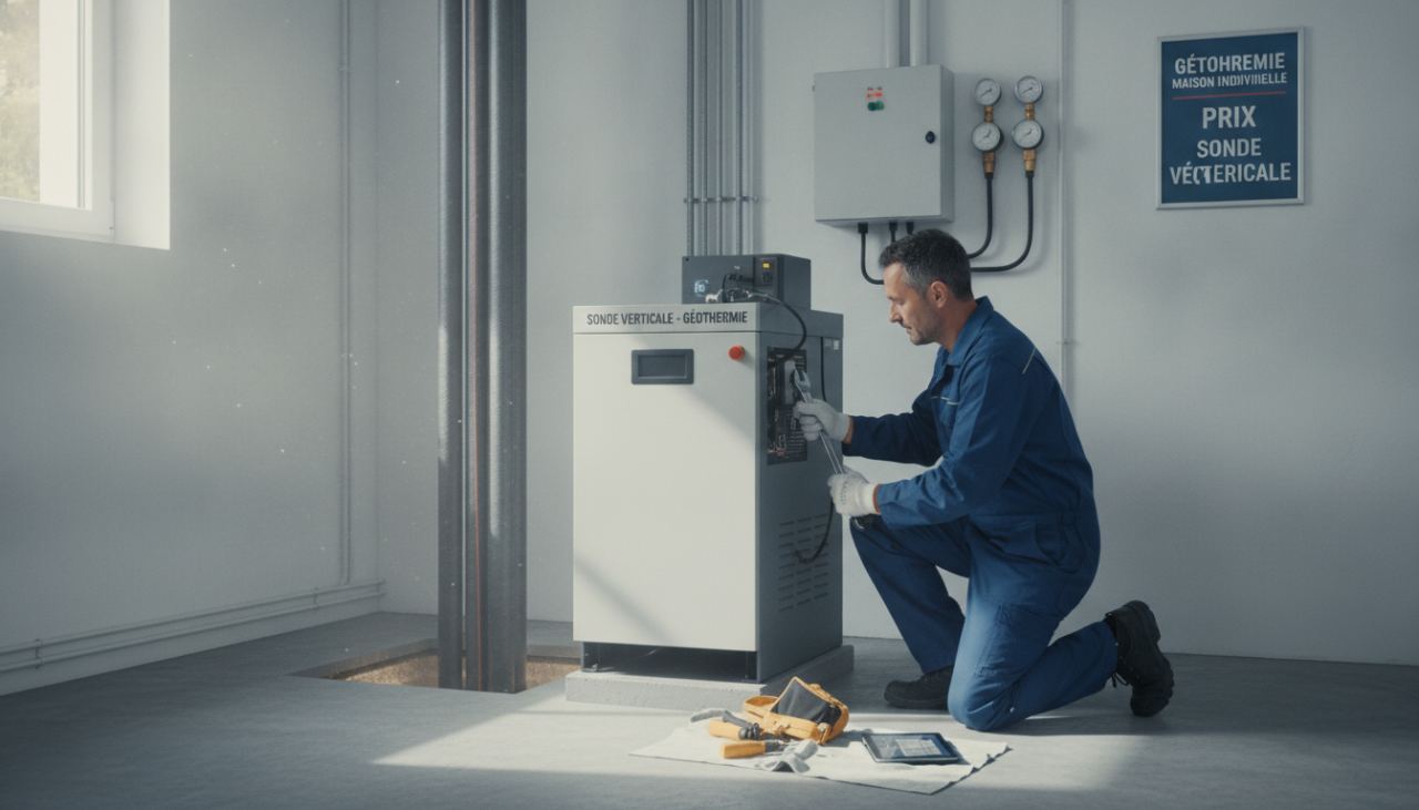 technicien chauffagiste effectuant la maintenance annuelle d'une pompe à chaleur géothermique eau-eau dans une chaufferie de maison individuelle française