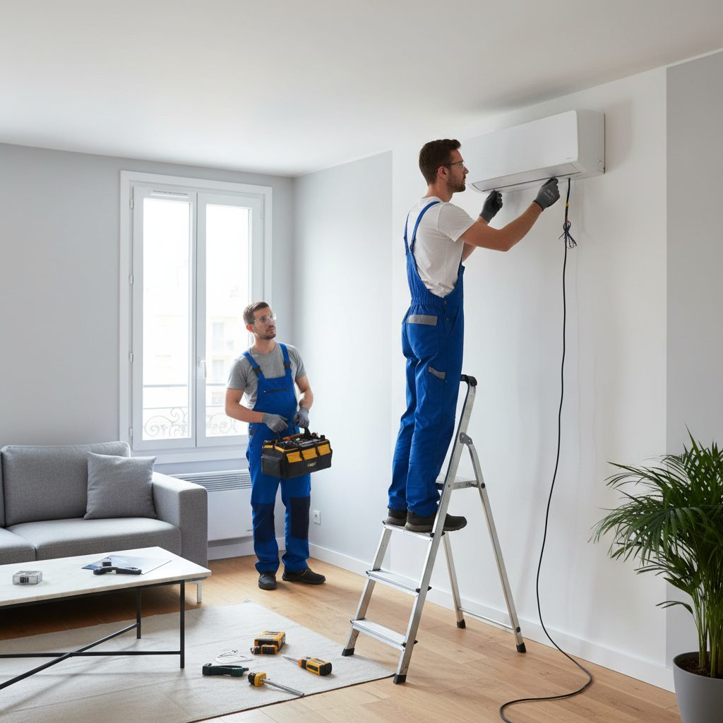 installation climatisation réversible split appartement T3 technicien pose unité intérieure