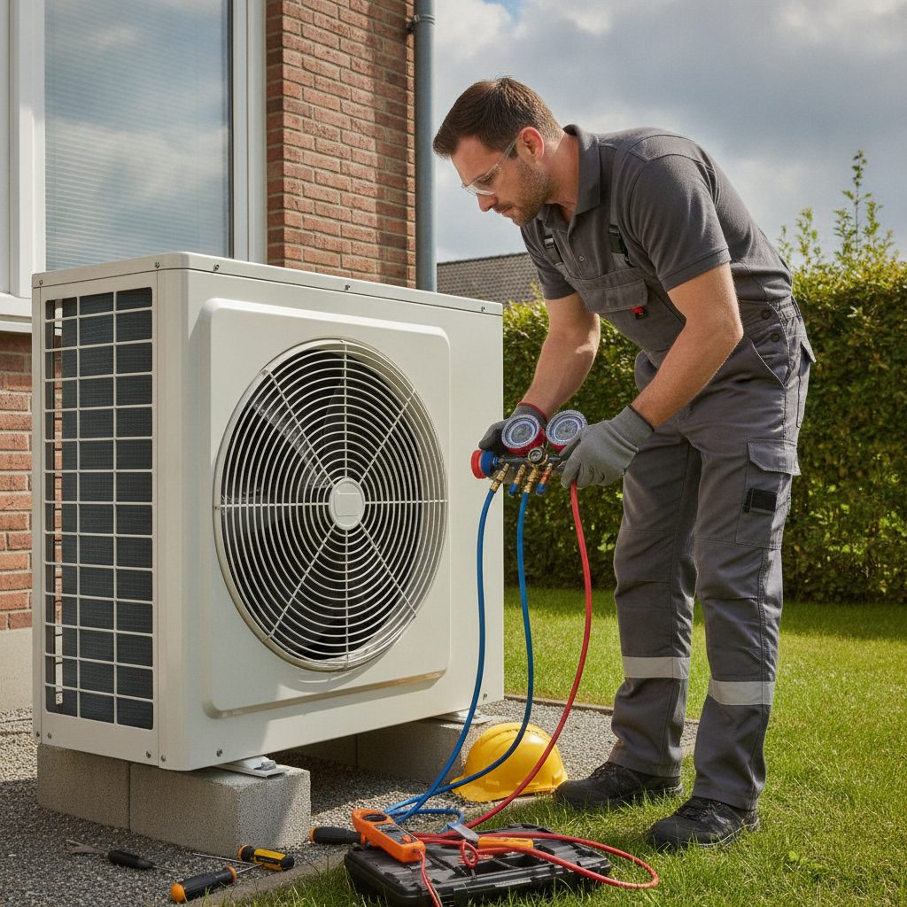 Technicien CVC mesure la pression du circuit frigorigène d'une PAC air-eau avec manomètre