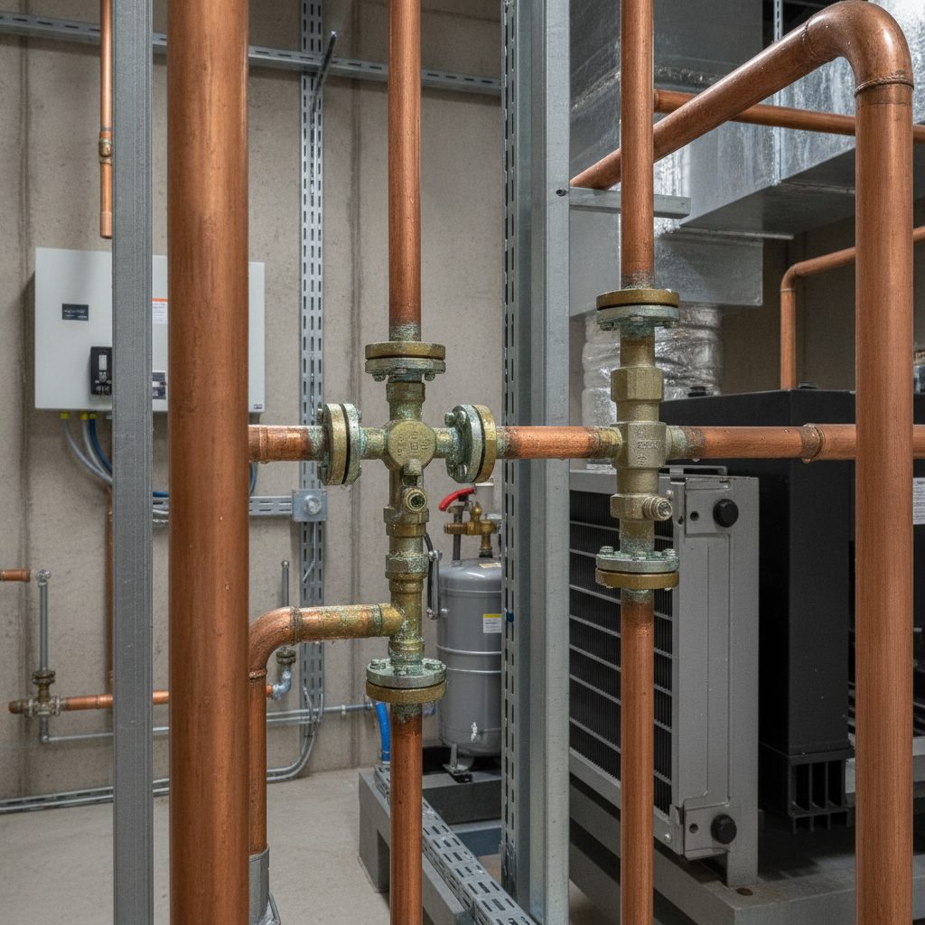 Tuyauteries cuivre PAC air-eau avec traces de fuite de fluide frigorigène sur les raccords